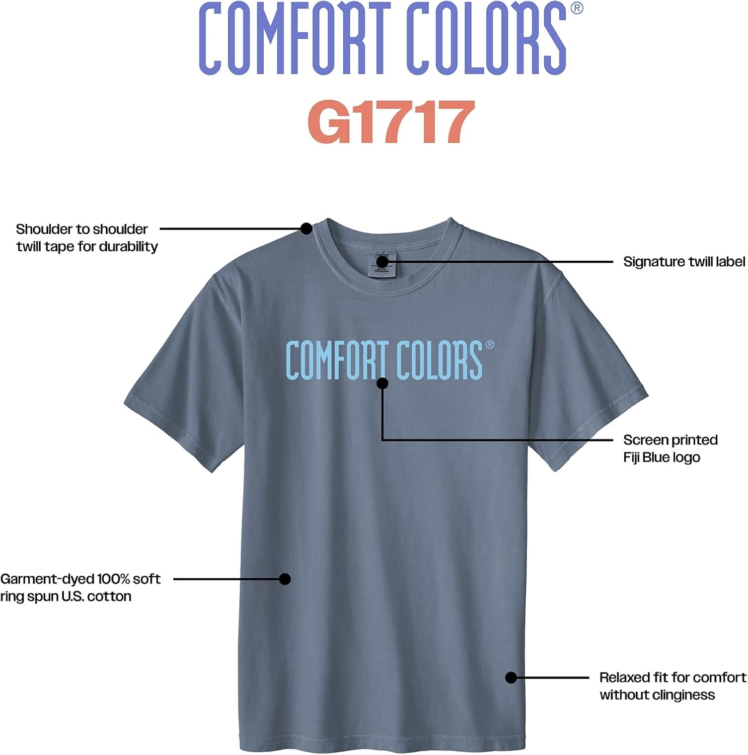 image:imageComfort Colors Adult Heavyweight Short Sleeve Tee Style G1717G1745 MultipackBlue Jean  Fiji Blue Logo Center Print
